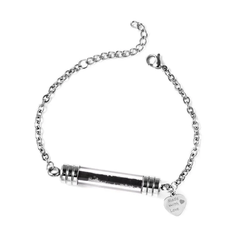 Shungite and Glass Bottle, Heart Charm Bracelet in Stainless Steel
